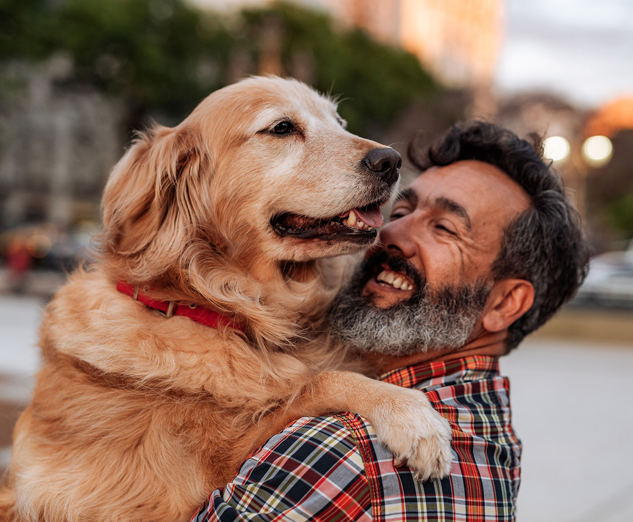 Happy pet owner with golden retriever
